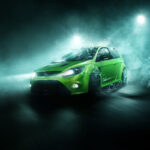 Drift im Wasser mit dem ultimate grünen Ford Focus RS MK2. Fotografie und Postproduktion www.phpics.ch
