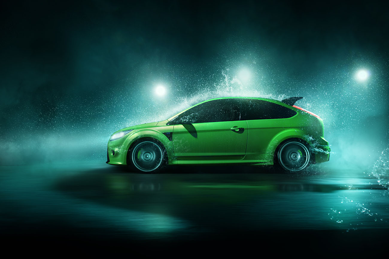 Fahrendes Auto fotografiert. Ford Focus RS in ultimate green. Fotograf phPics.ch