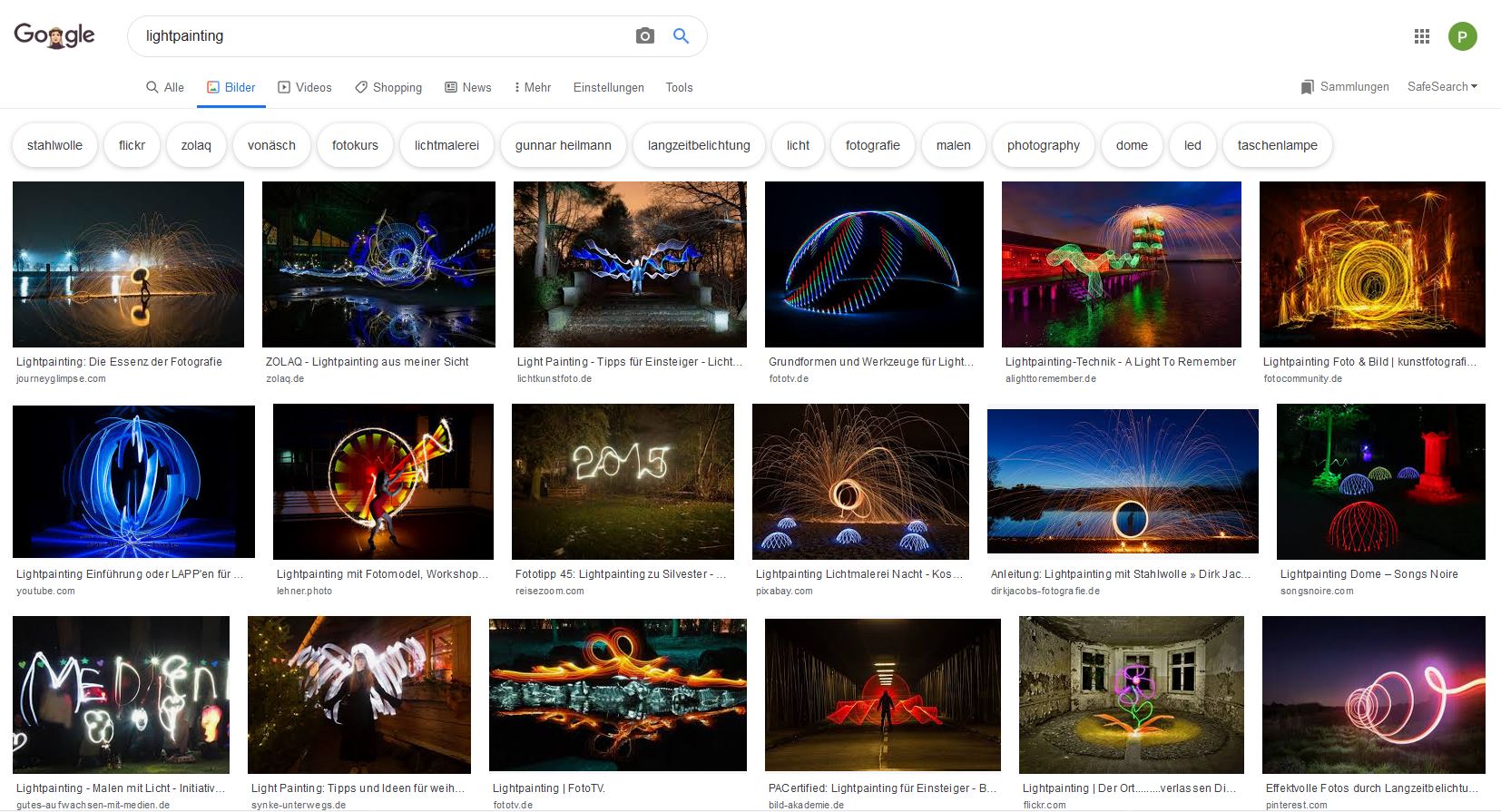 Suchergebnisse in der Google Bilder Suche mit dem Begriff Light Painting.