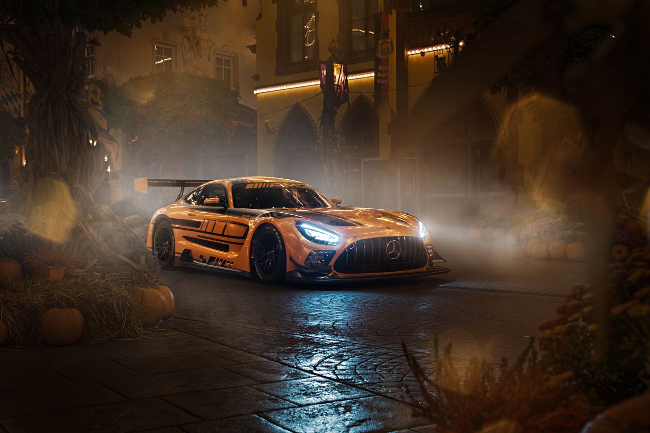 Nachts im Europapark ein Auto fotografieren. Im Bild der Mercedes AMG GT3.