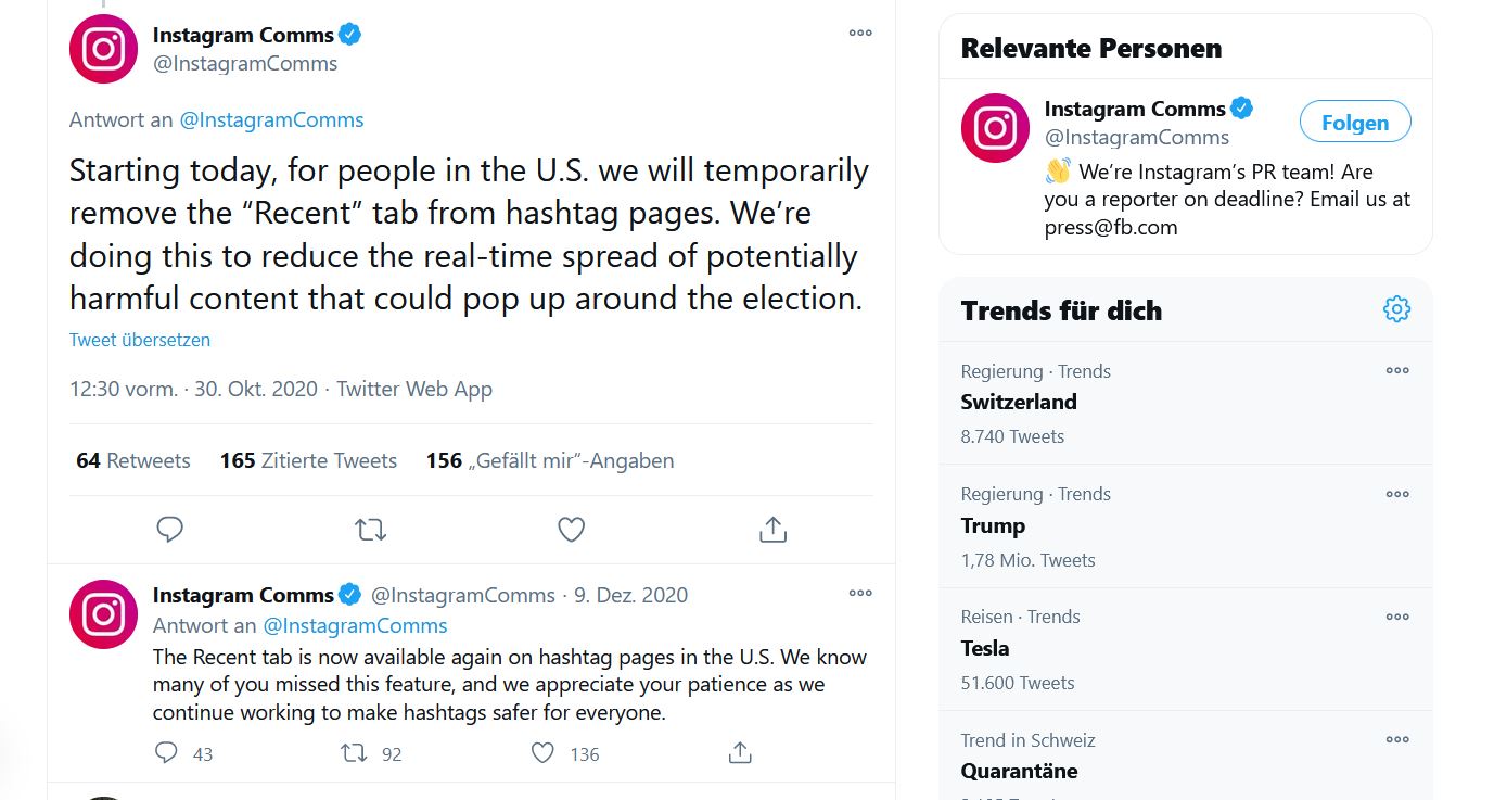 Deaktivierung der recent Hashtags wegen den US Wahlen