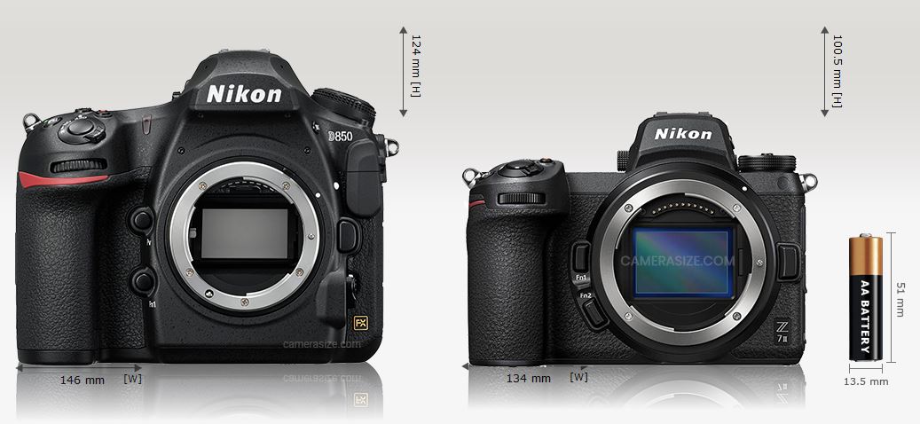Kameragrössenvergleich zwischen Nikon D850 und Nikon Z7 II.