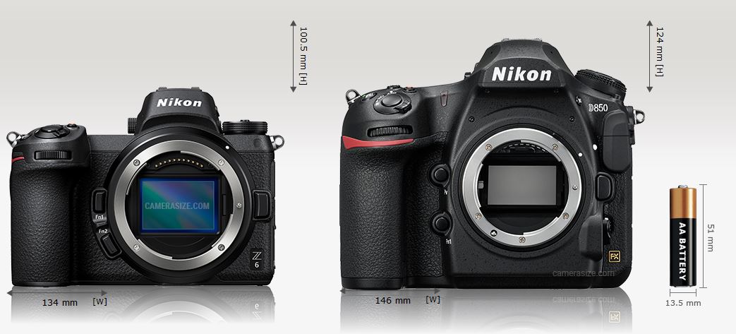 Grössenvergleich zweier Nikon Bodies. Die spiegellose Z6 gegen die DSLR D850.
